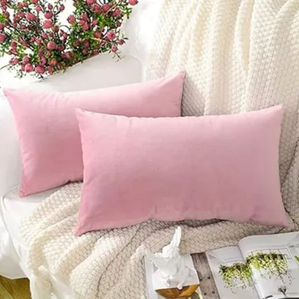 GENERICO - Pack de 2 Fundas Terciopelo Liso 30x50 cm Rosa