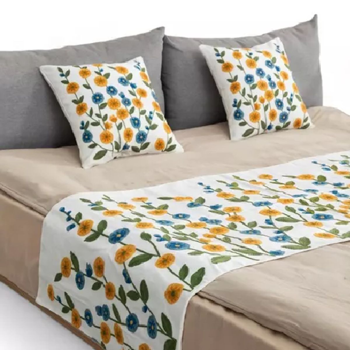 GENERICO - Piecera bordada + 2 fundas de cojín diseño floral 3 color blanco