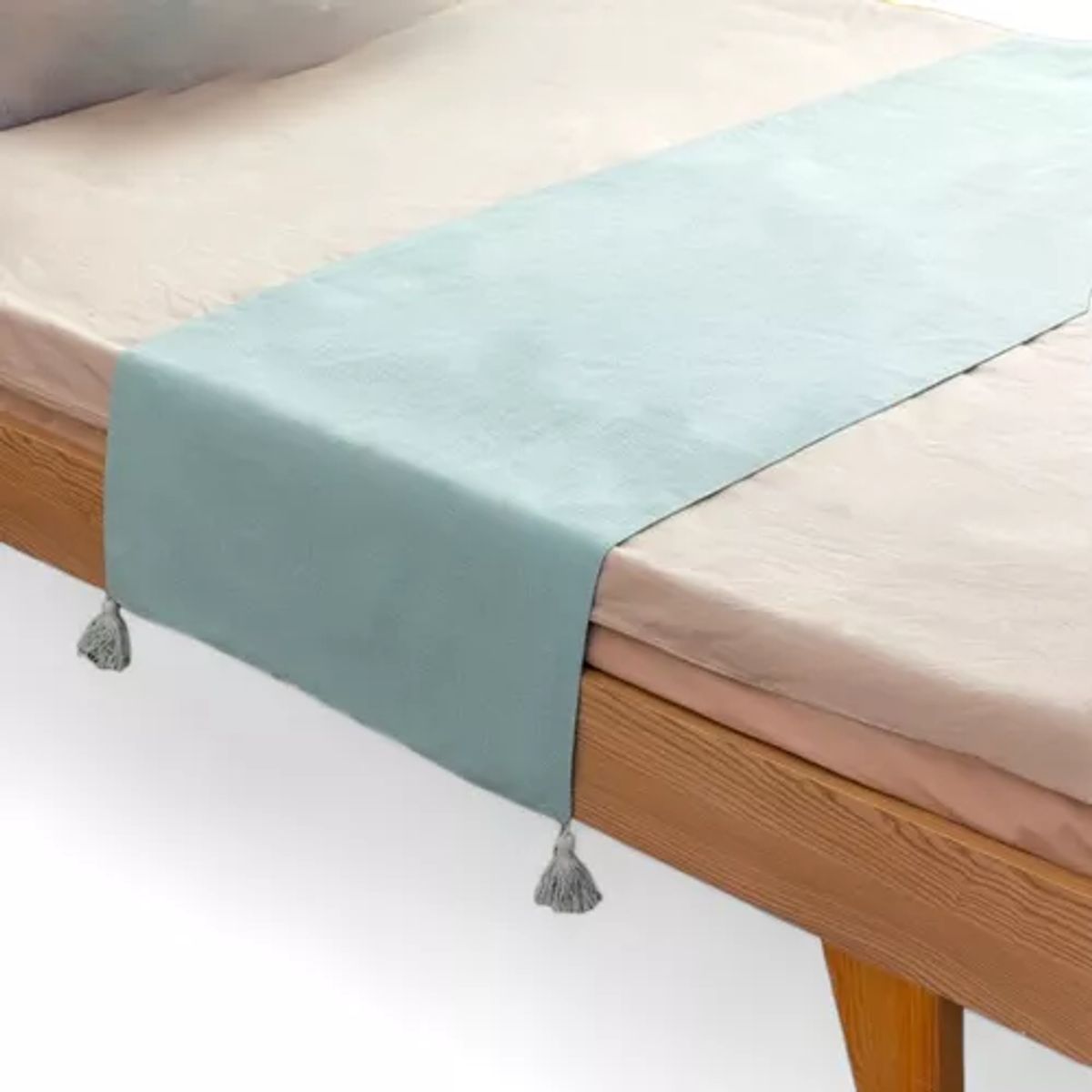 GENERICO - Piecera para cama 2 plaza - king en lino pompones 70x210 cm color agua