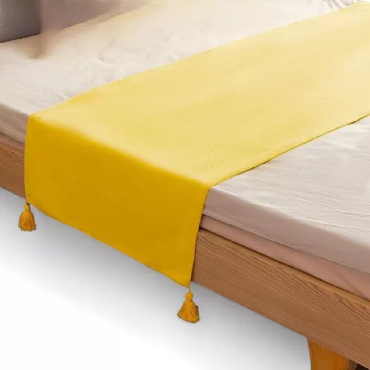 GENERICO - Piecera cama 2 plazas-king en lino pompones 70x210 cm amarillo