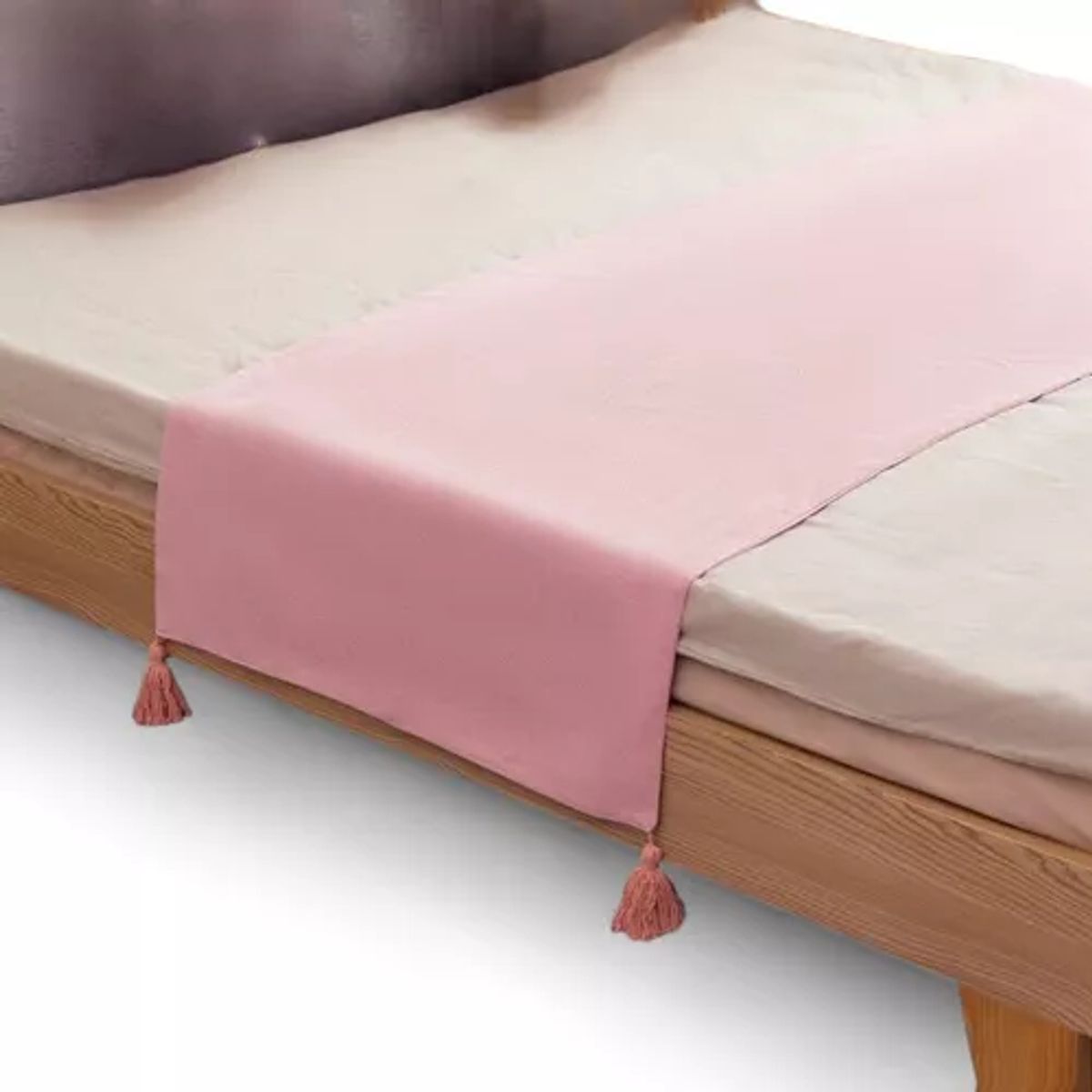 GENERICO - Piecera para cama 2 plaza - king en lino pompones 70x210 cm color rosa