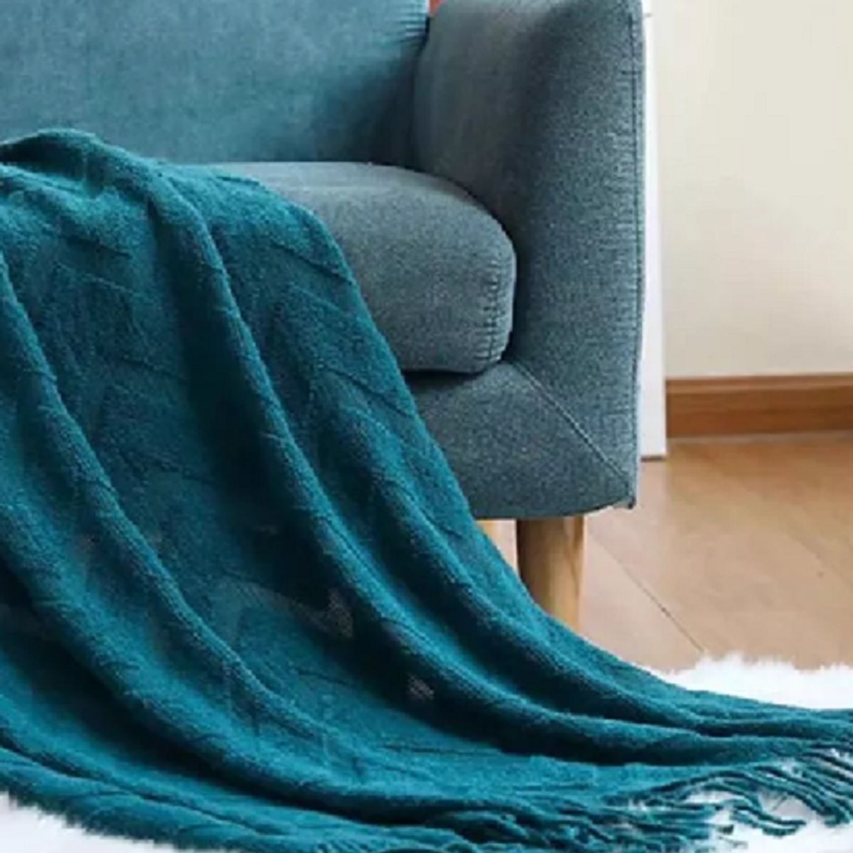 GENERICO - Manta decorativa tejida para sillón y piecera cama color azul