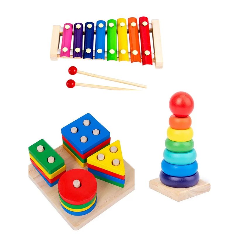 GENERICO - Pack x3 Juegos Didacticos De Madera Xilófono Bloques Torre