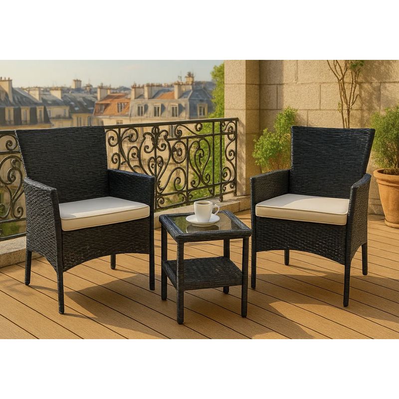 HOMER OUTDOOR - Juego De Terraza Rattan 2 Sillones Mesa Auxiliar Y Cojines