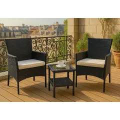 HOMER OUTDOOR - Juego De Terraza Rattan 2 Sillones Mesa Auxiliar Y Cojines