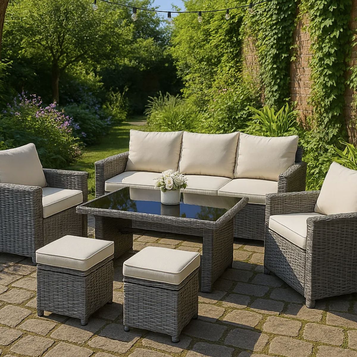 HOMER OUTDOOR - Juego De Terraza Sofá 3 Plazas 2 Sillones Para 7 Personas