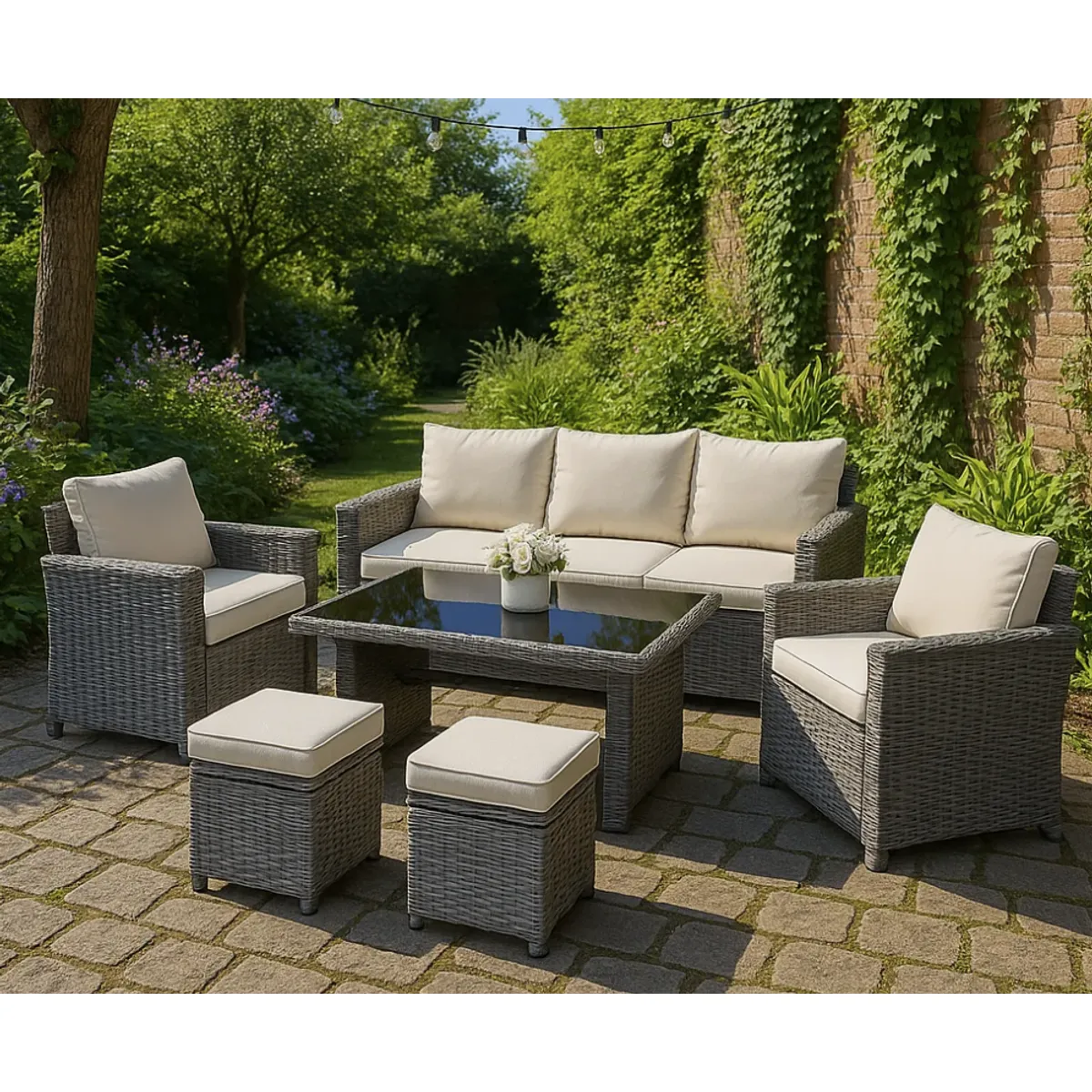 HOMER OUTDOOR - Juego De Terraza Sofá 3 Plazas 2 Sillones Para 7 Personas