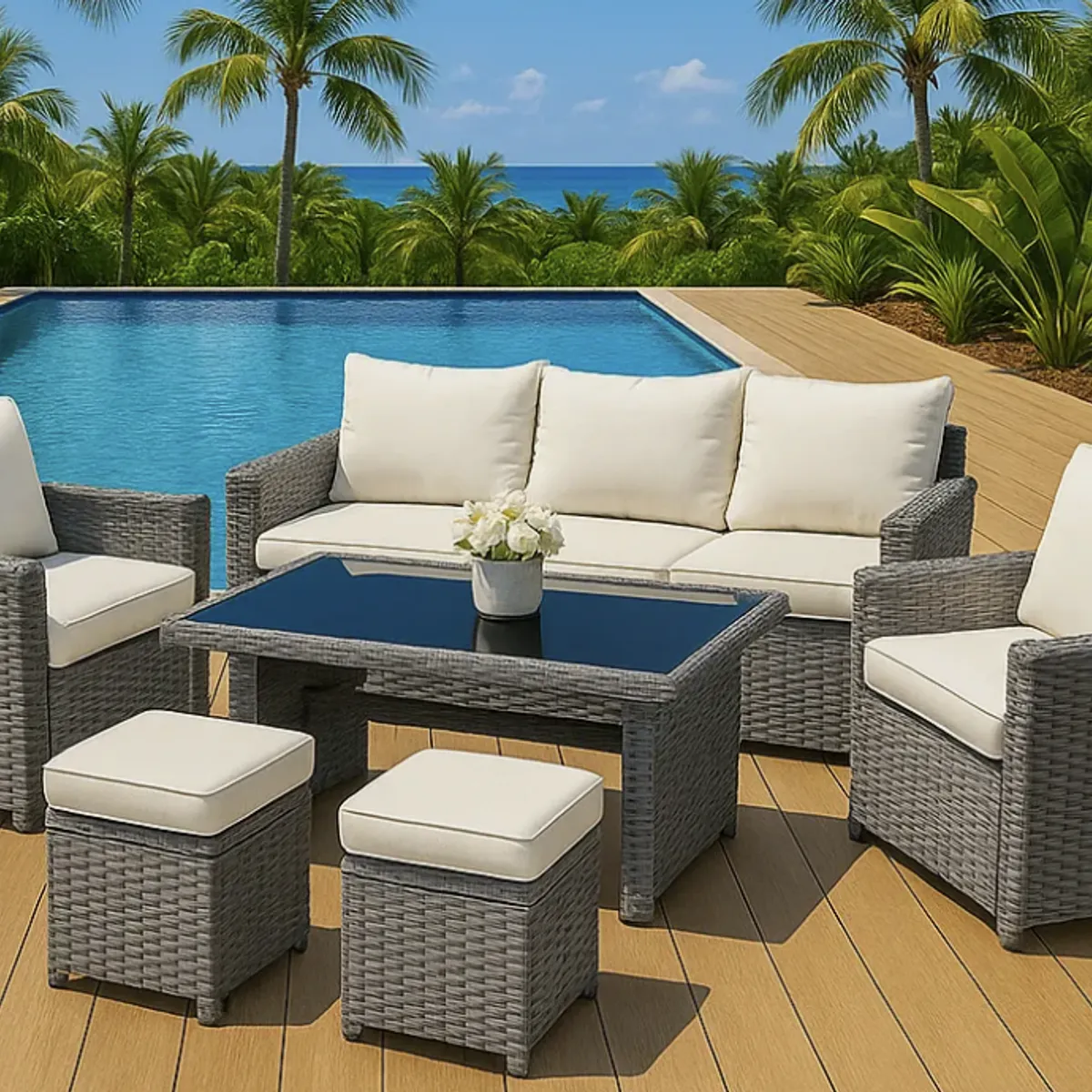 HOMER OUTDOOR - Juego De Terraza Sofá 3 Plazas 2 Sillones Para 7 Personas