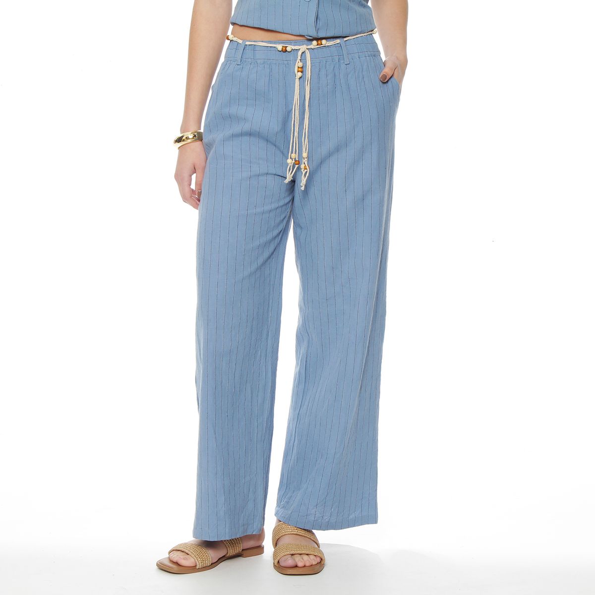 WADOS - PANTALON WIDE LEG LINO LISTADO CON CINTURA ELASTICADA
