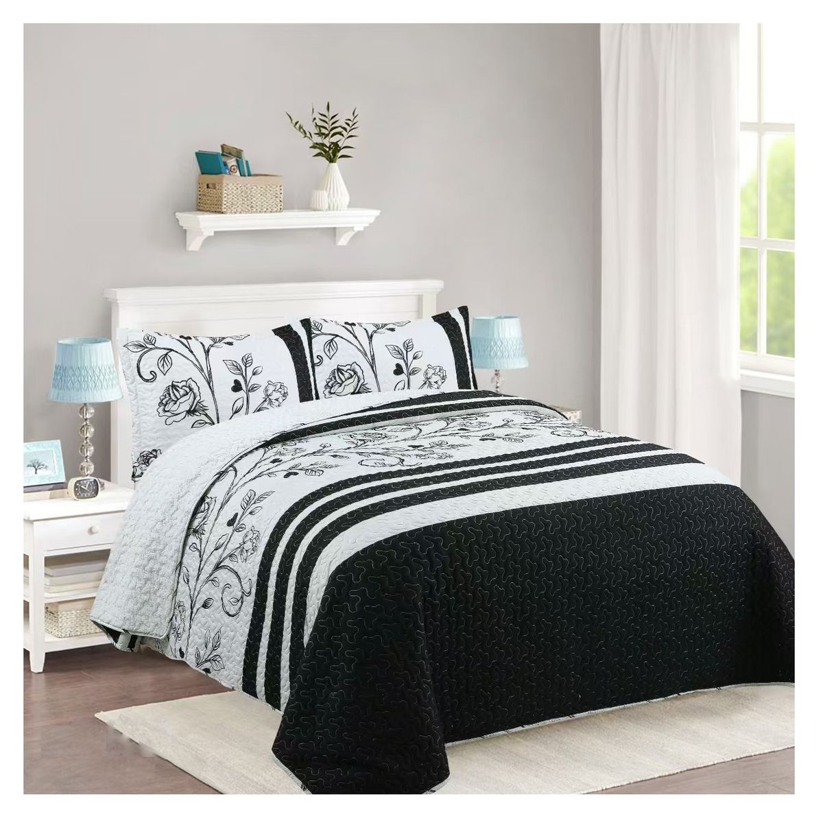 COMPRAPO - Cubrecama Quilt Juvenil Sherpa 2 Plazas Modelo Rose Black and White