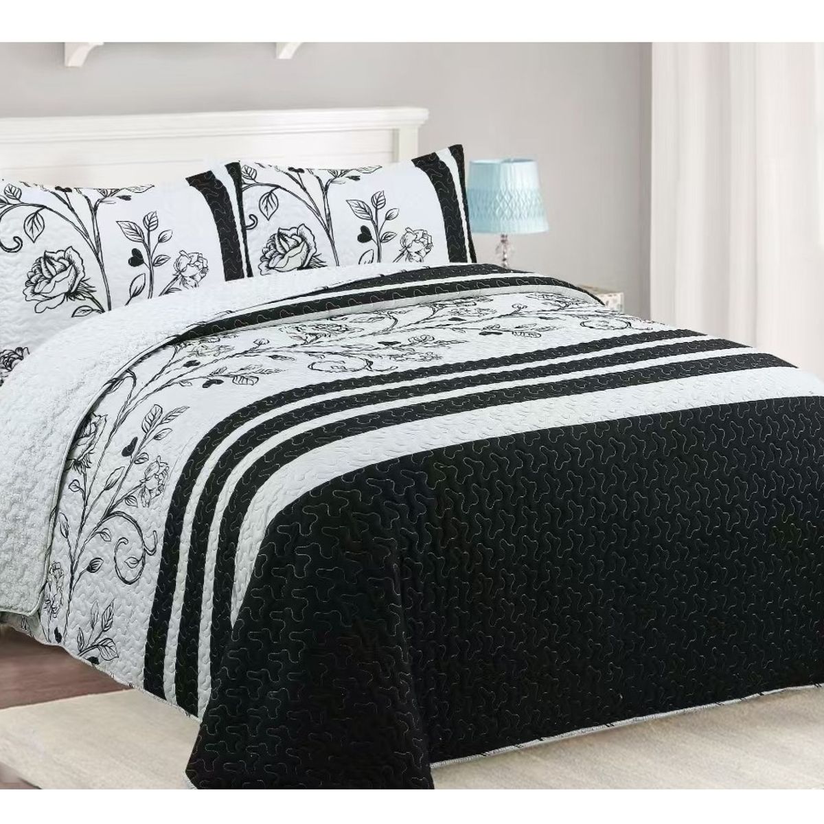 COMPRAPO - Cubrecama Quilt Juvenil Sherpa 2 Plazas Modelo Rose Black and White