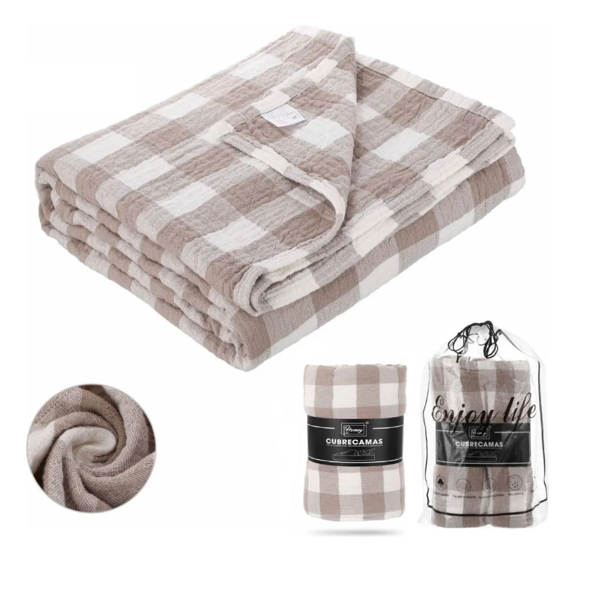 HOMEY - Frazada multifuncion 100% Algodon 150x2003 Colores Cuadriculada Homey