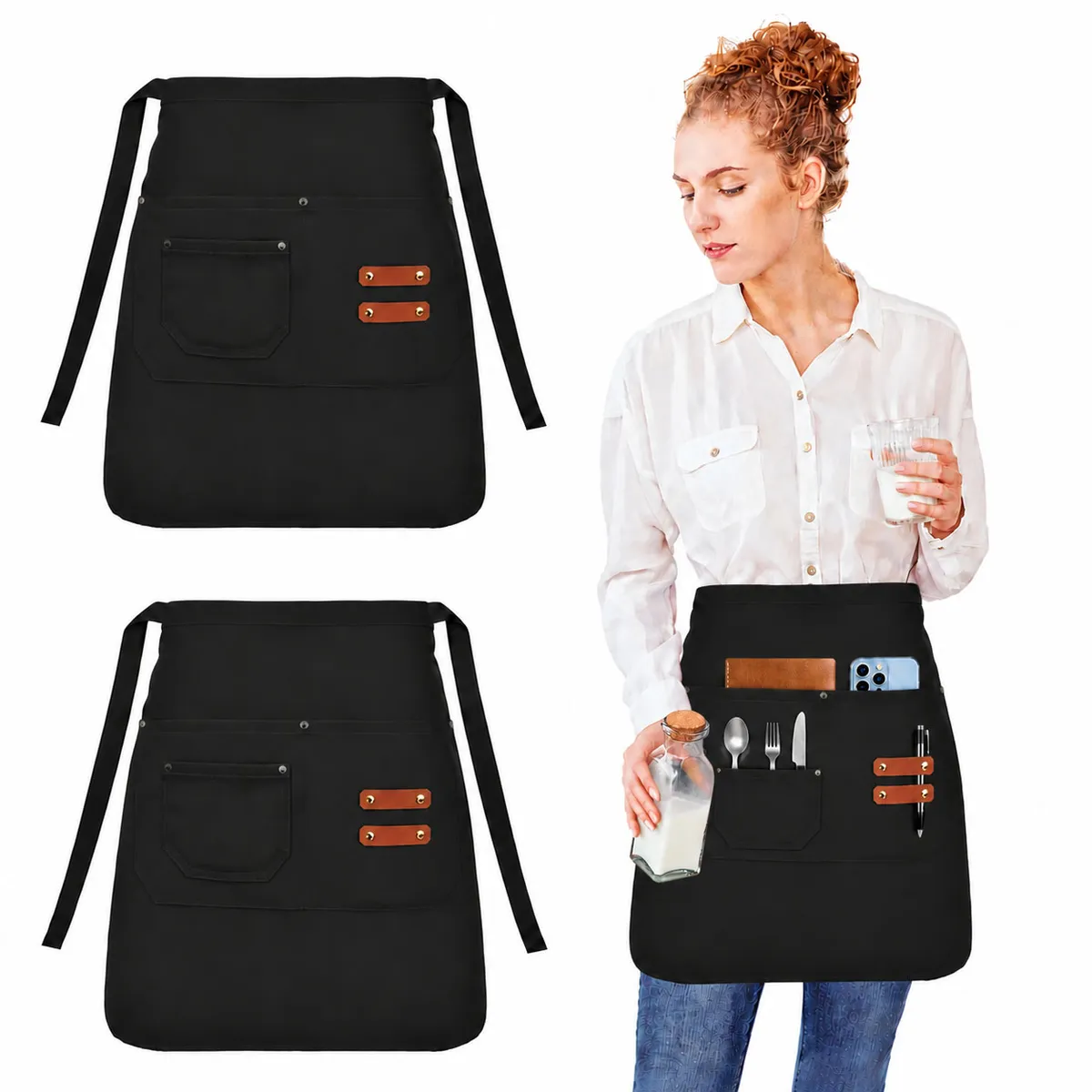 KOKILA - Pack 2 Delantal Corto Cintura Garzón Impermeable Bolsillos