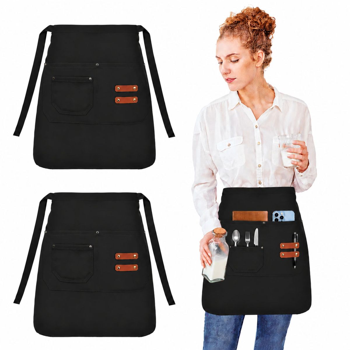 KOKILA - Pack 2 Delantal Corto Cintura Garzón Impermeable Bolsillos