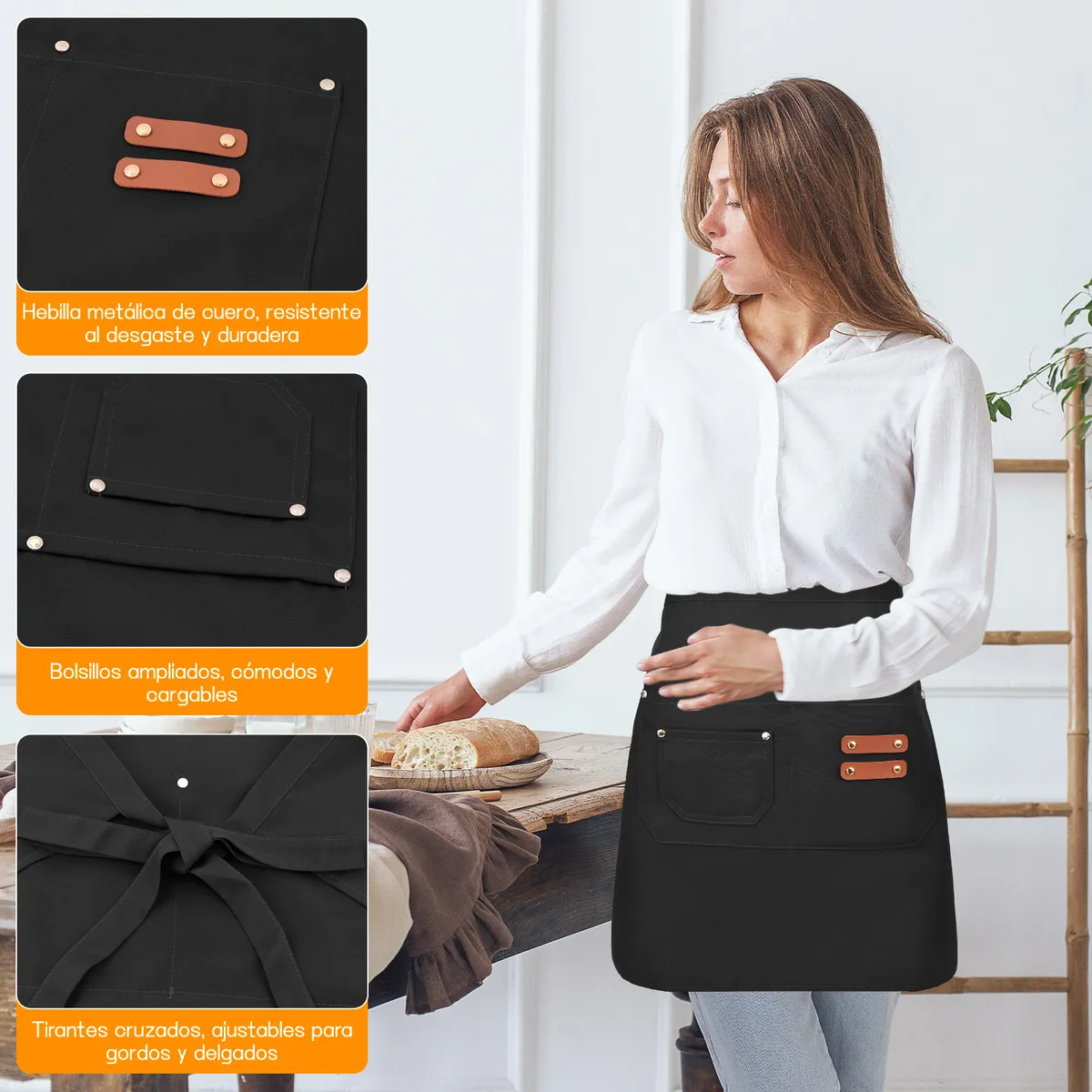 KOKILA - Pack 2 Delantal Corto Cintura Garzón Impermeable Bolsillos