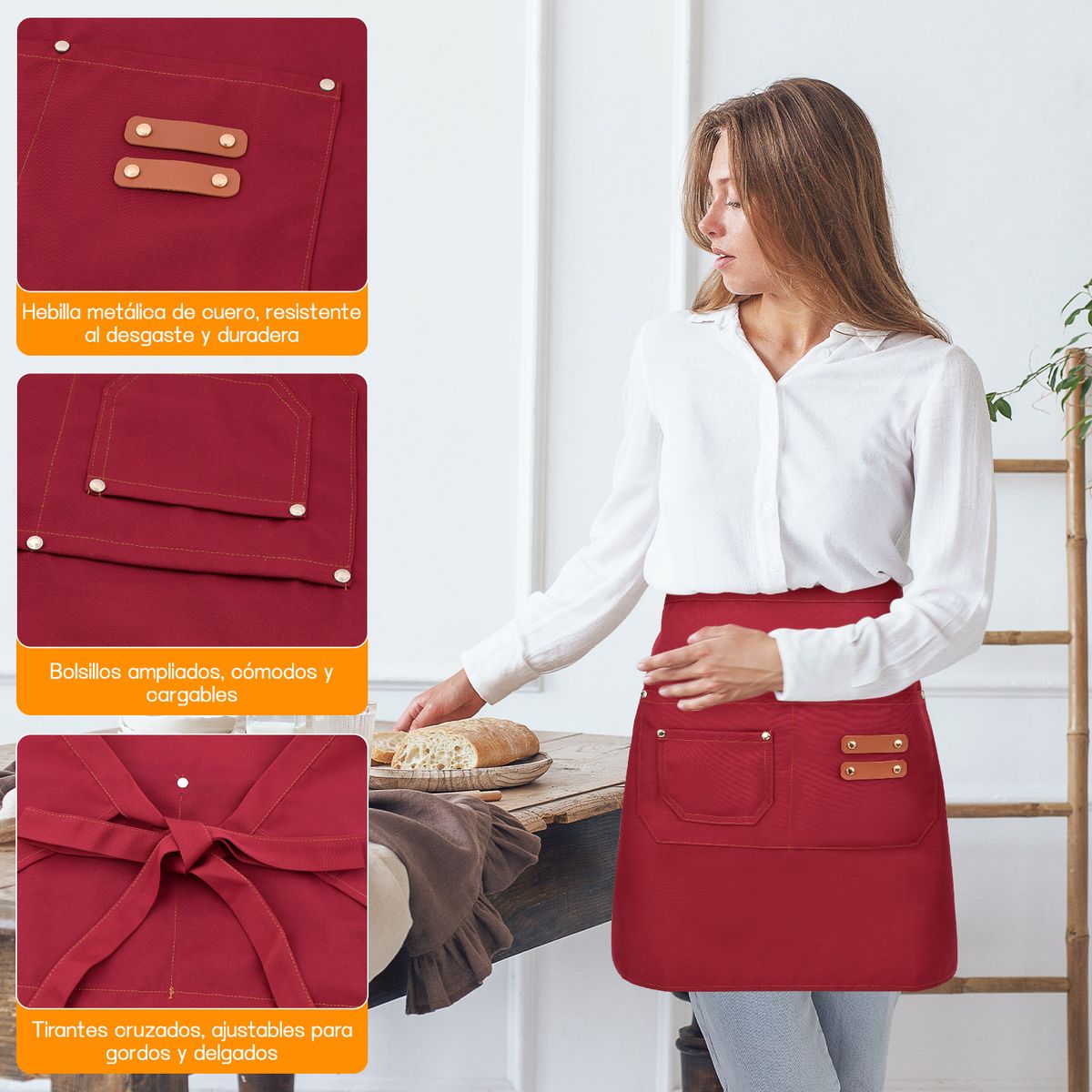 KOKILA - Pack 2 Delantal Corto Cintura Garzón Impermeable Bolsillos