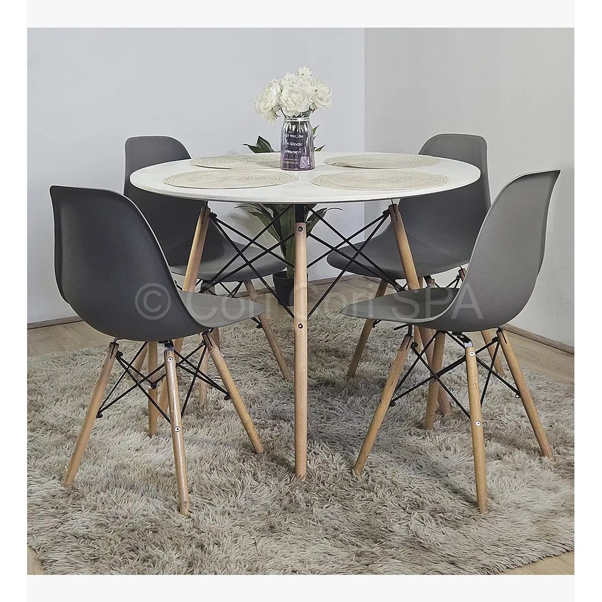 CORI CORI - Comedor Mesa Eames Blanca 120cms + 4 Sillas Eames Gris