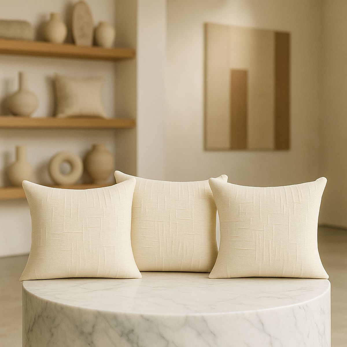 ARMONIA - Pack 3 fundas cojín 45x45 color beige textura chenille sofá cama 744