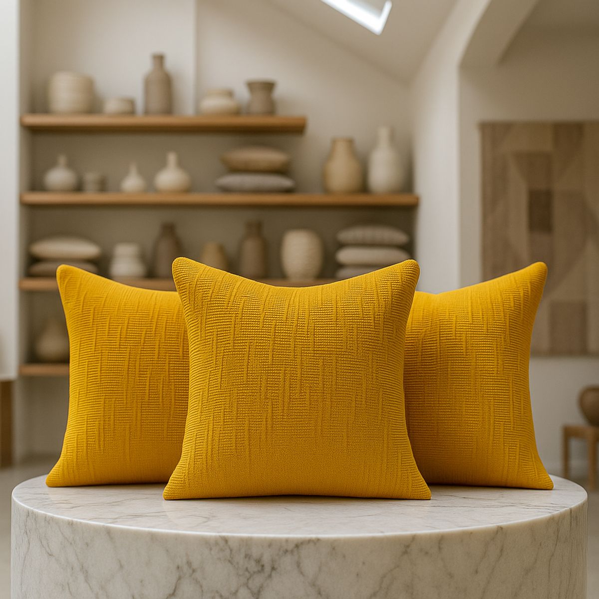 ARMONIA - Pack 3 fundas de cojín chenille amarillo decorativas 45x45 suaves 744