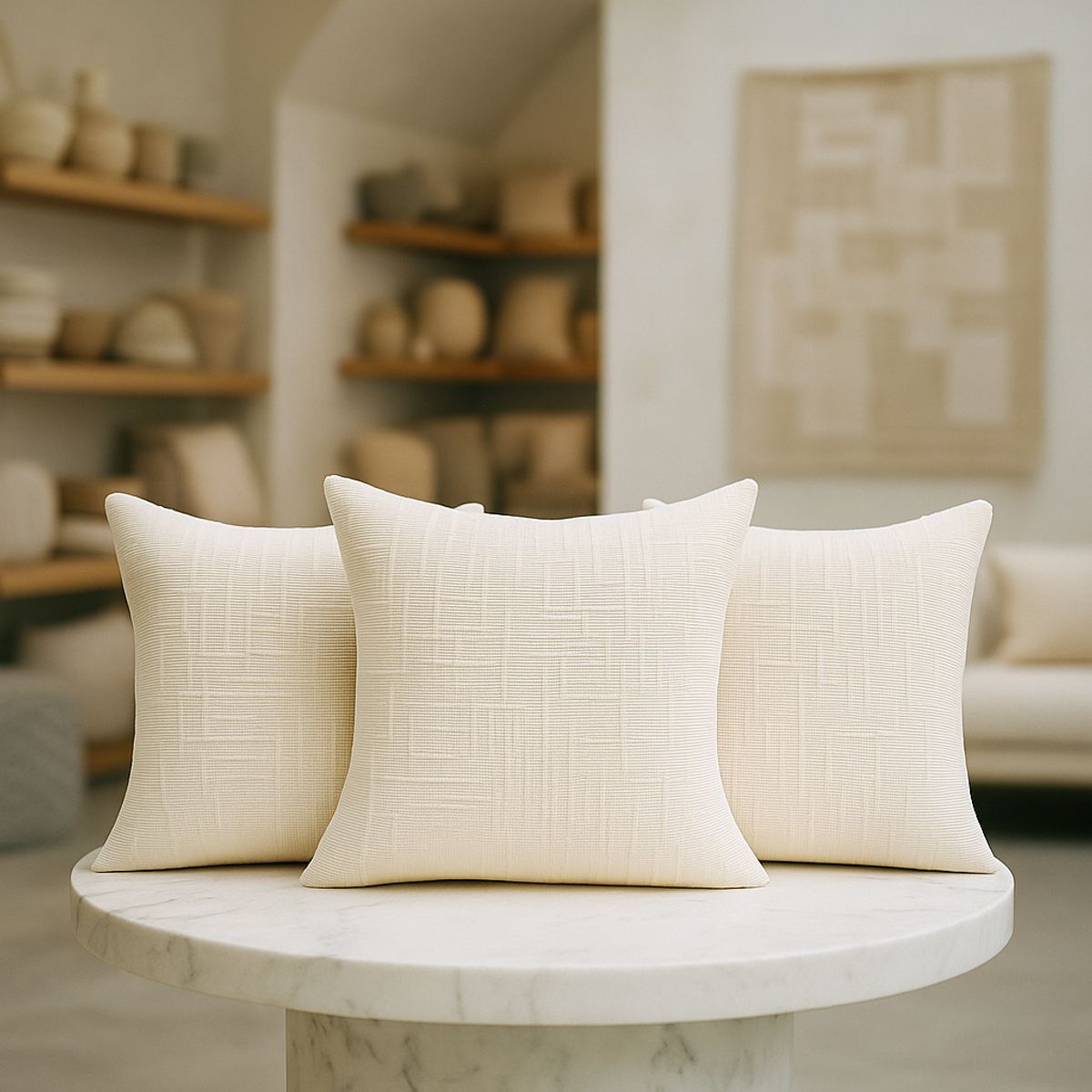 ARMONIA - Pack 3 cubre cojín beige chenille 45x45 diseño elegante sala CL 744