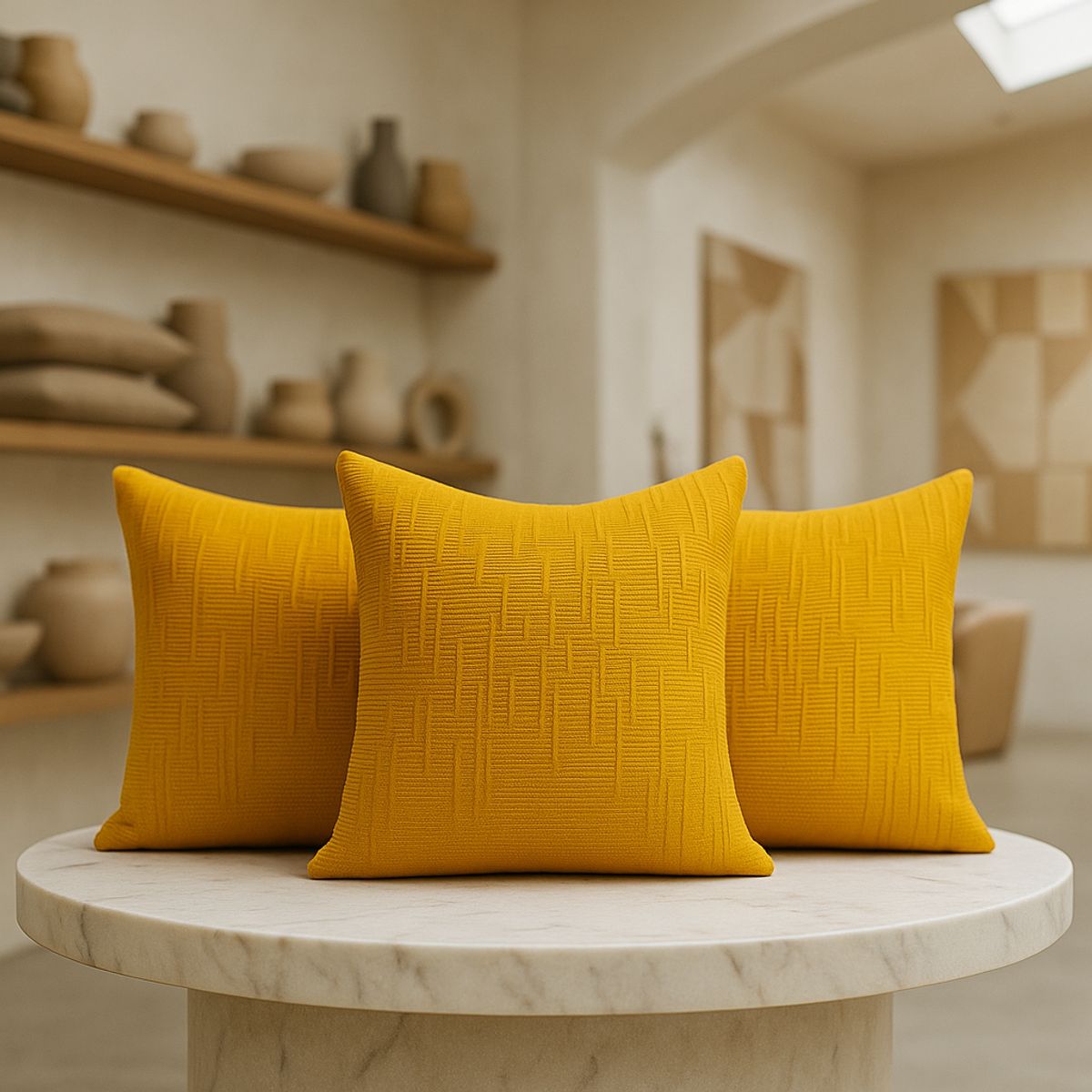 ARMONIA - Pack 3 cubre cojín amarillo chenille 45x45 diseño elegante sala CL 744