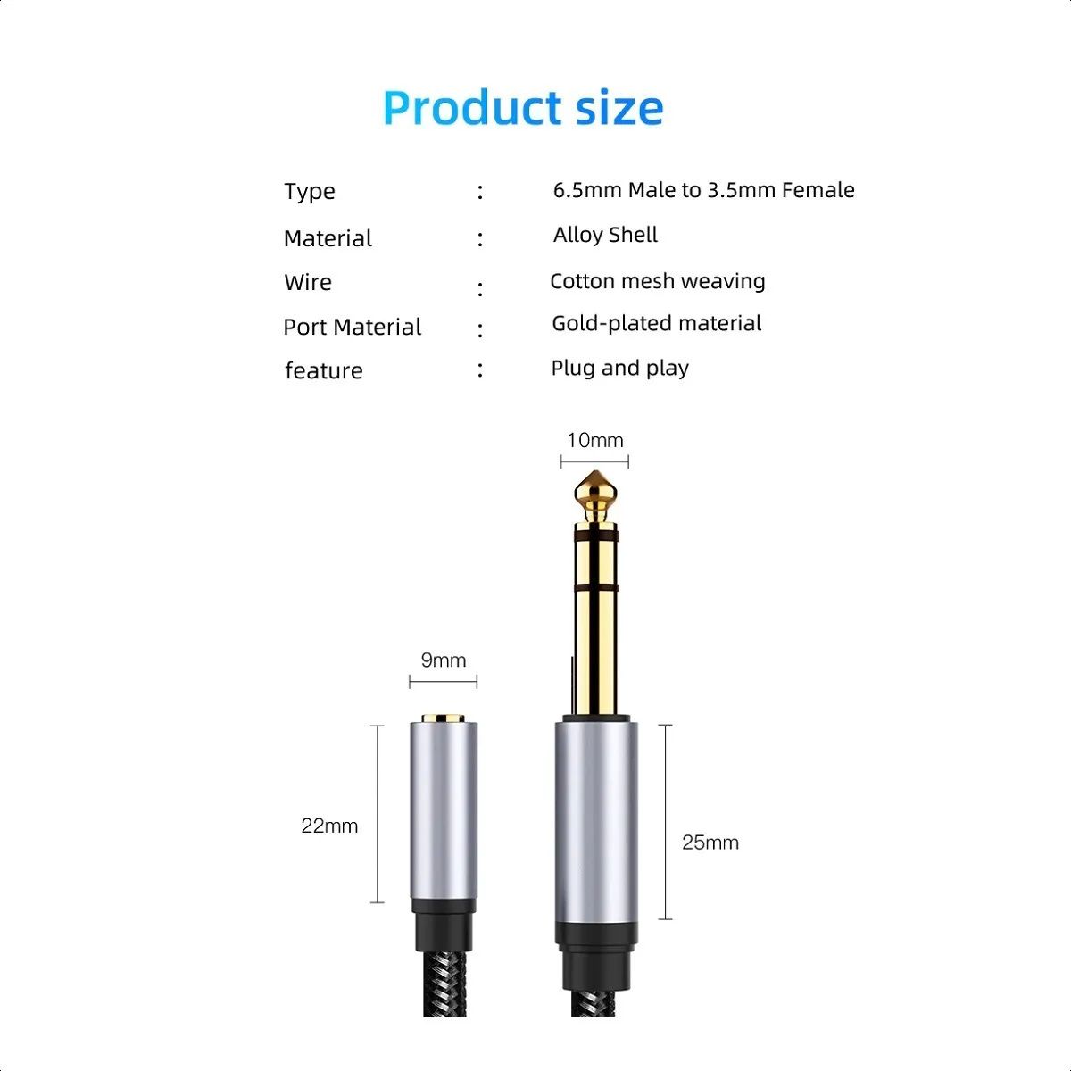 KUANGYE - Cable 3 M Plug Adaptador 3,5 A 6,35 Alargador Audífonos