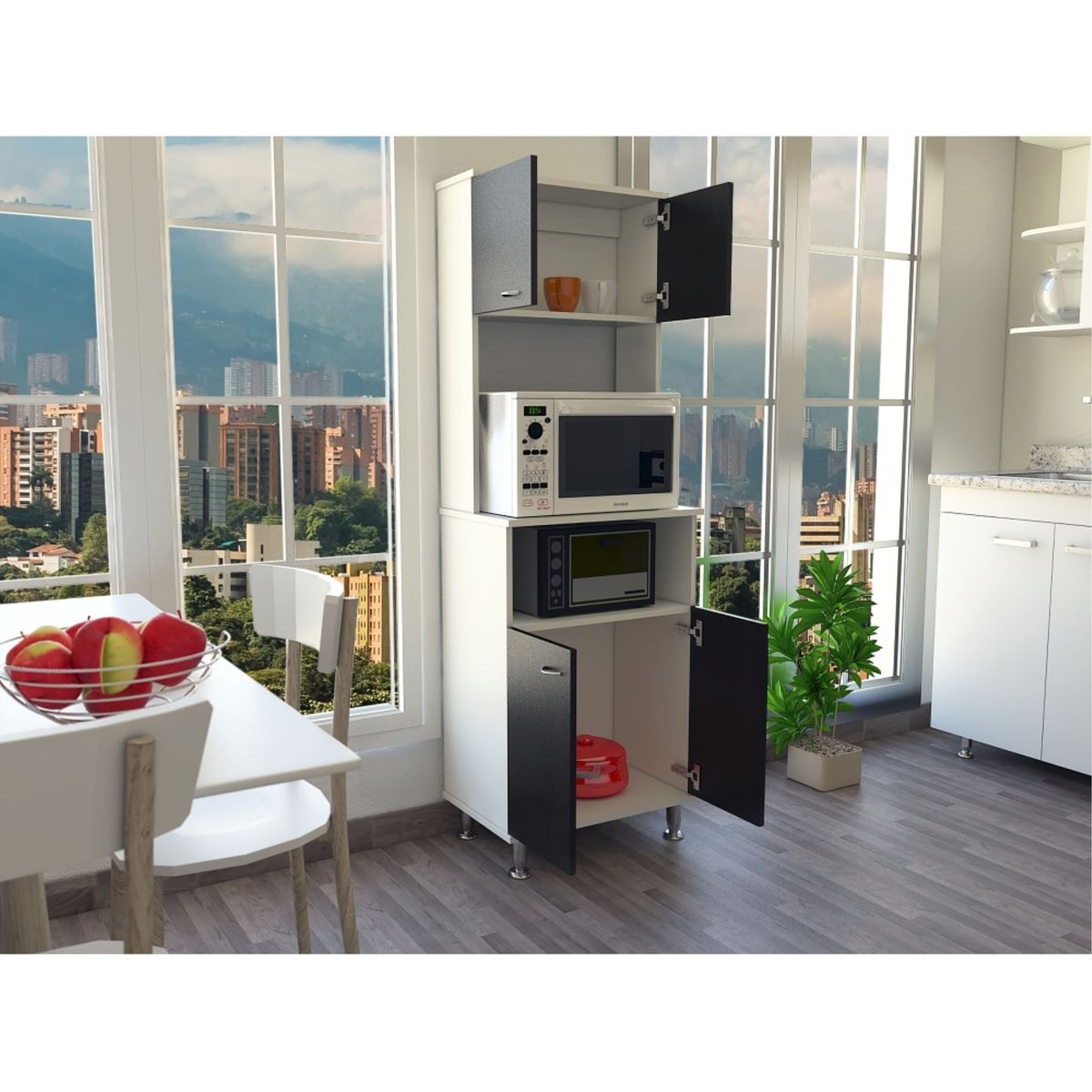 TUHOME - Mueble Para Microondas Kitchen-54 Blanco Y Wengue 160x54x35 Cm