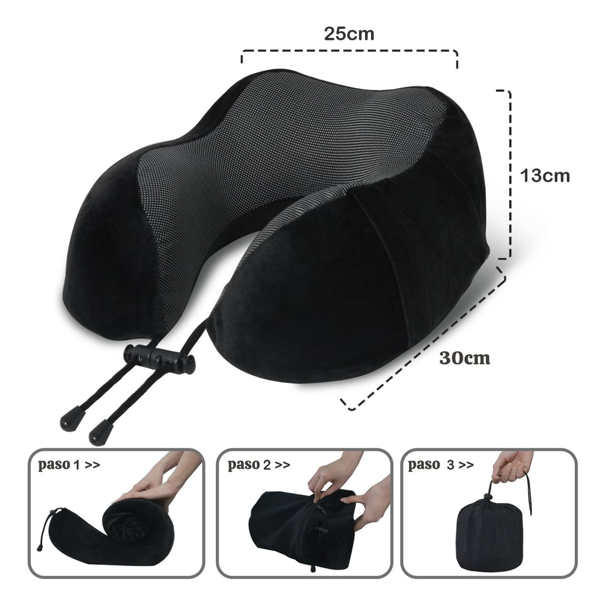 GENERICO - Almohada De Viaje De Espuma Viscoelástica Con Bolsa-Negro