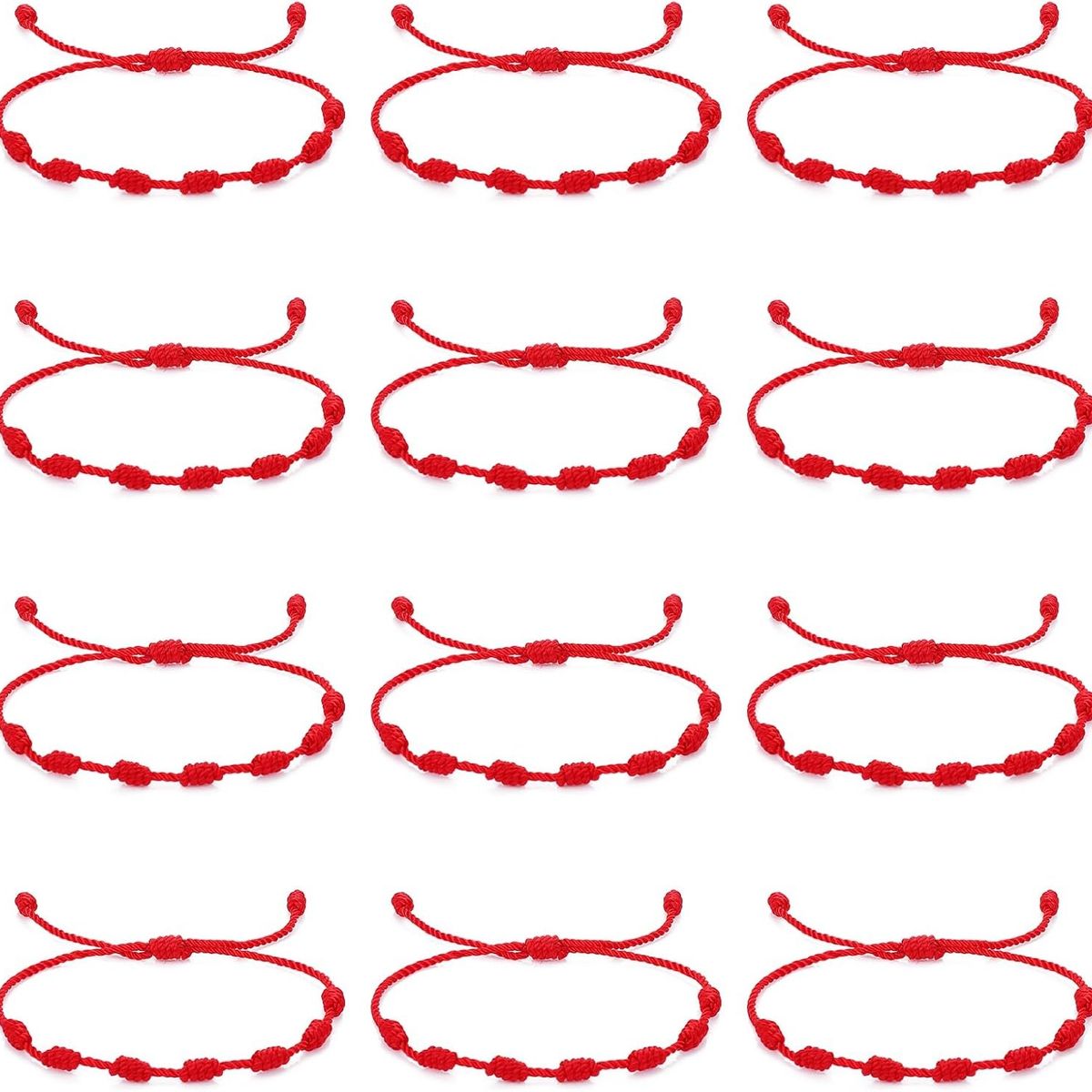 KUANGYE - Pack 12 Pulseras Hilo Rojo 7 Nudos De Protección Y Suerte