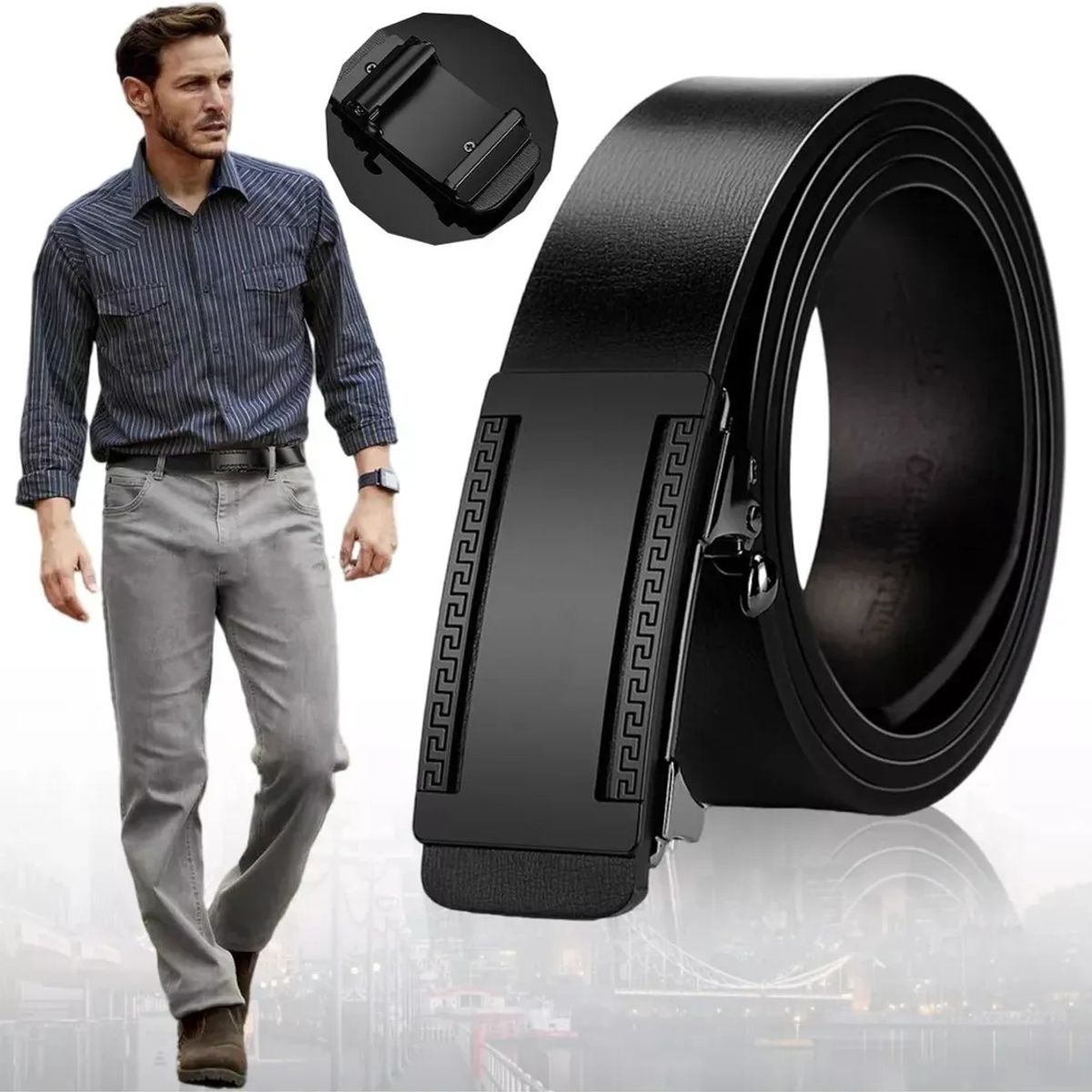 KUANGYE - Cinturón De Cuero Hombre Hebilla Automática Cinto Caballero