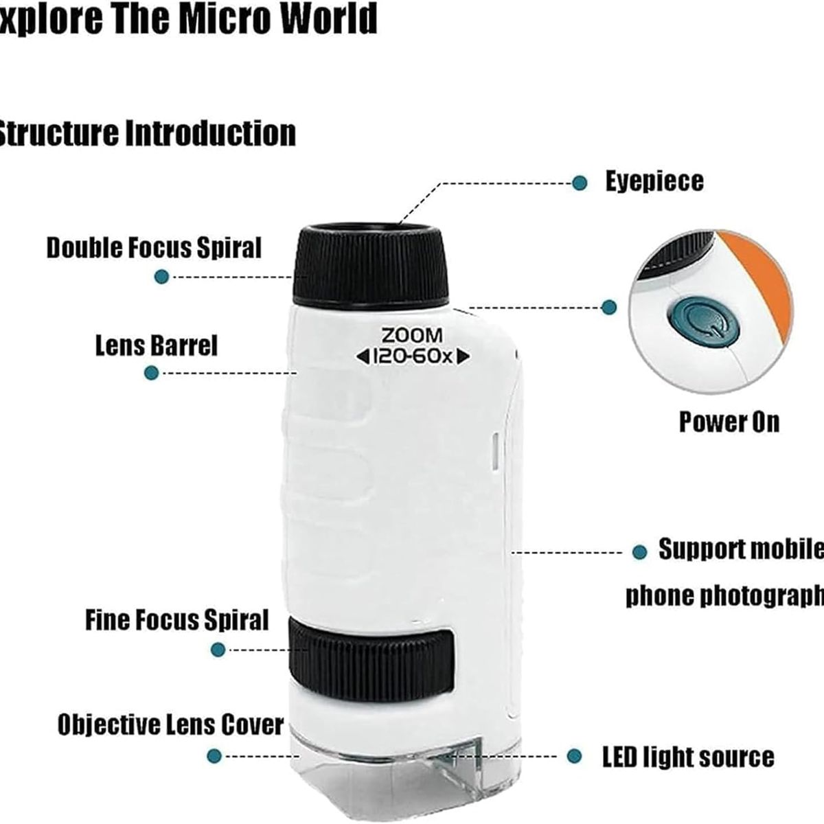KUANGYE - Microscopio De Bolsillo 60x-120x Con Luz Led
