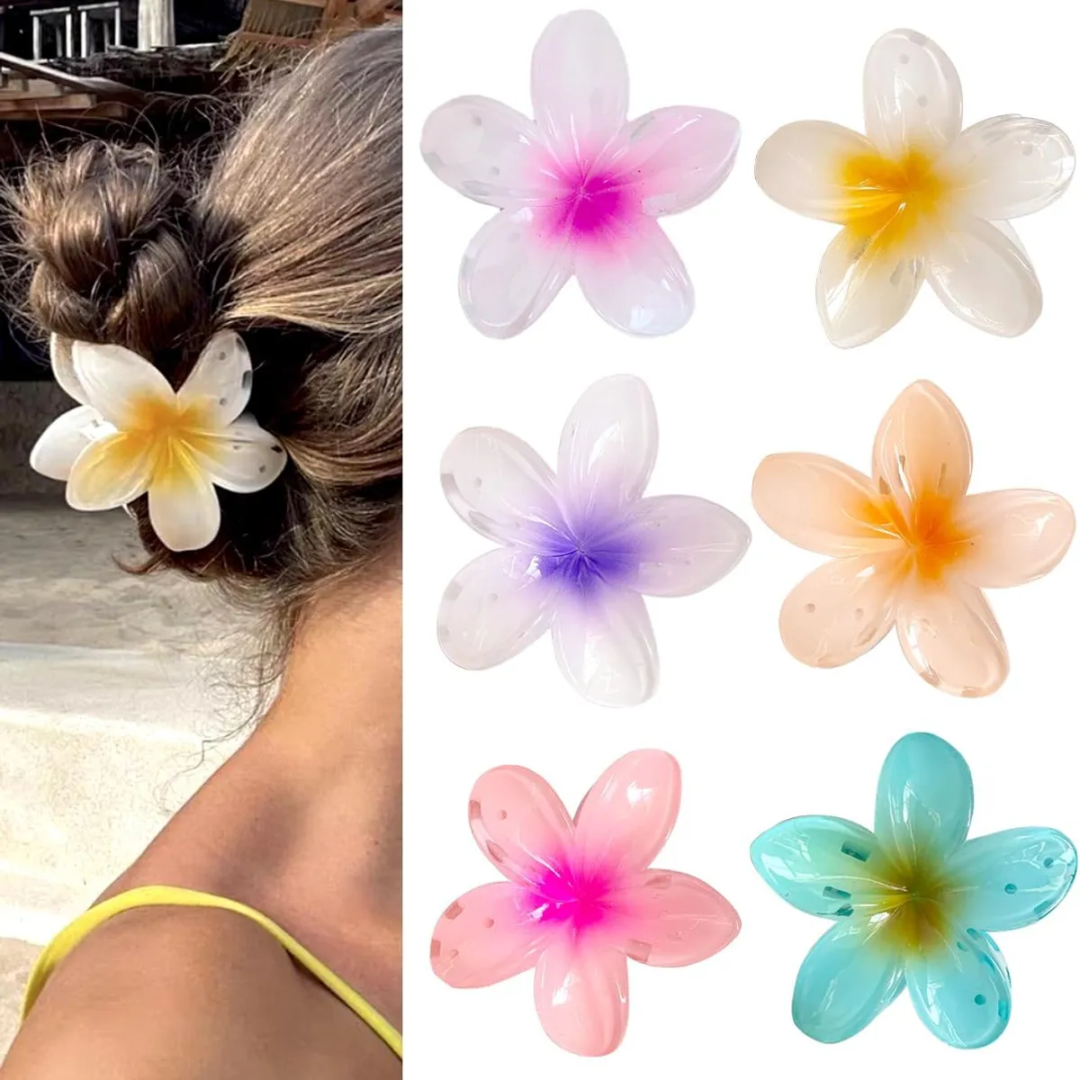 KUANGYE - Pinzas Para El Pelo Con Forma De Flor De Plumeria Hawaiana 6pcs