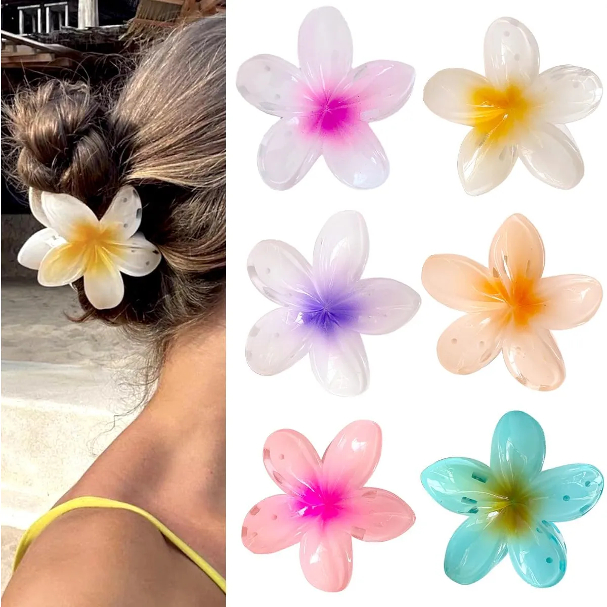 KUANGYE - Pinzas Para El Pelo Con Forma De Flor De Plumeria Hawaiana 6pcs