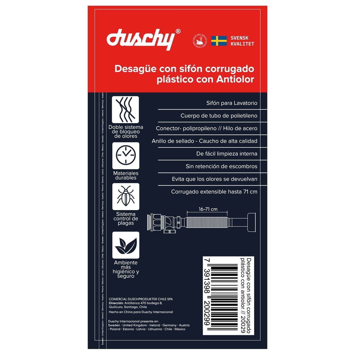 DUSCHY - DESAGUE CON SIFON CORRUGADO PLÁSTICO CON ANTIOLOR