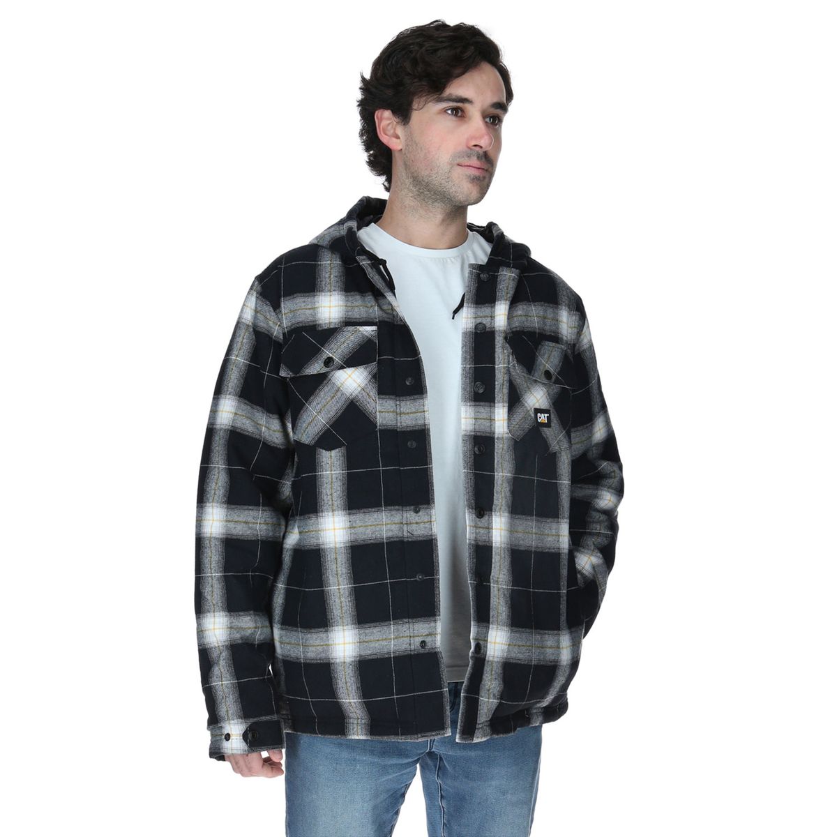 CAT - Chaqueta Hooded Flannel Hombre Negro y Blanco CAT