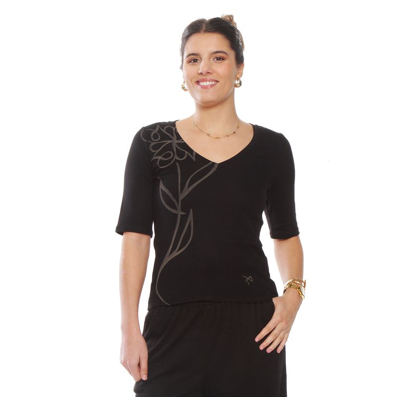 WADOS - POLERA SOLID MANGA CORTA  FLOR LASER ESCOTE V