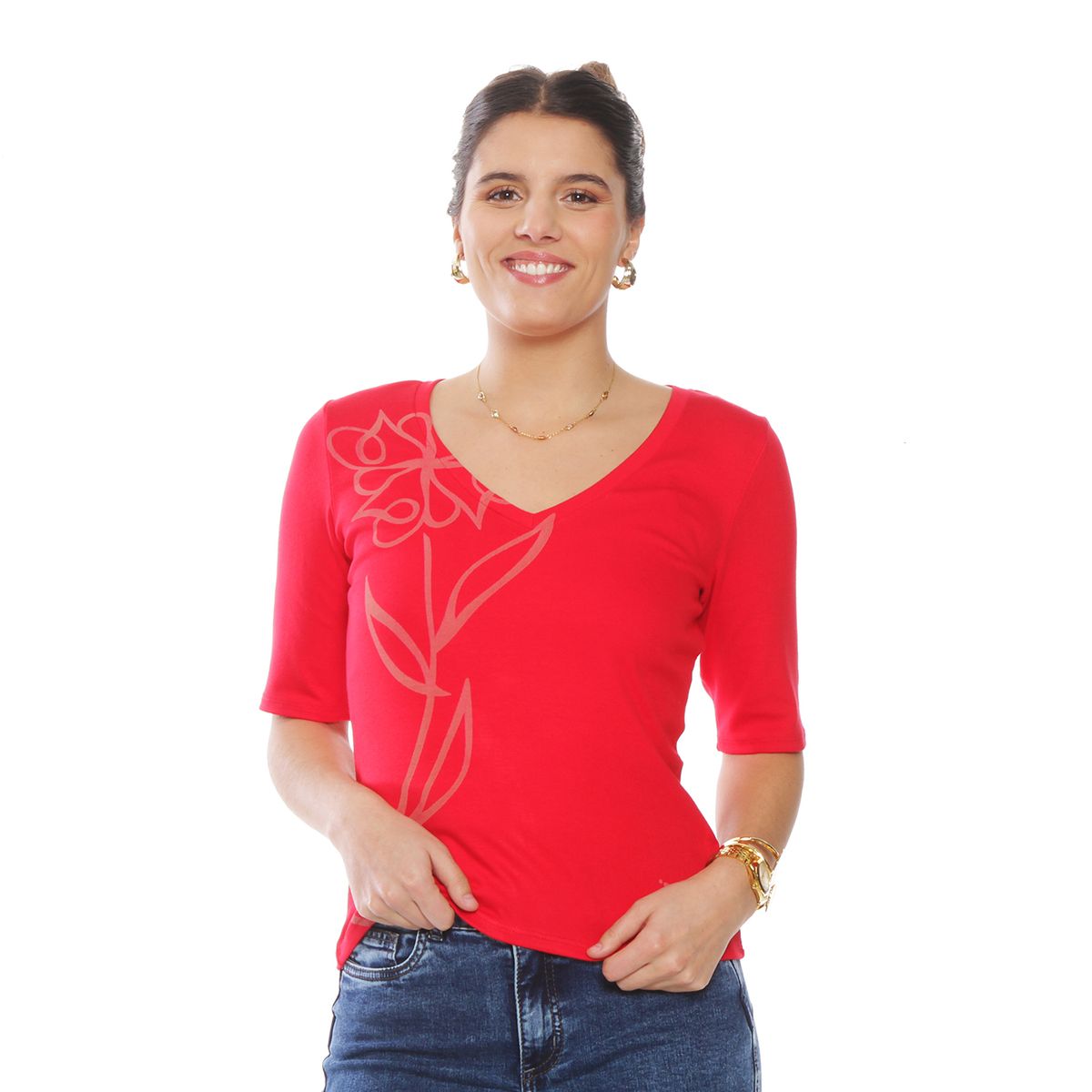 WADOS - POLERA SOLID MANGA CORTA  FLOR LASER ESCOTE V