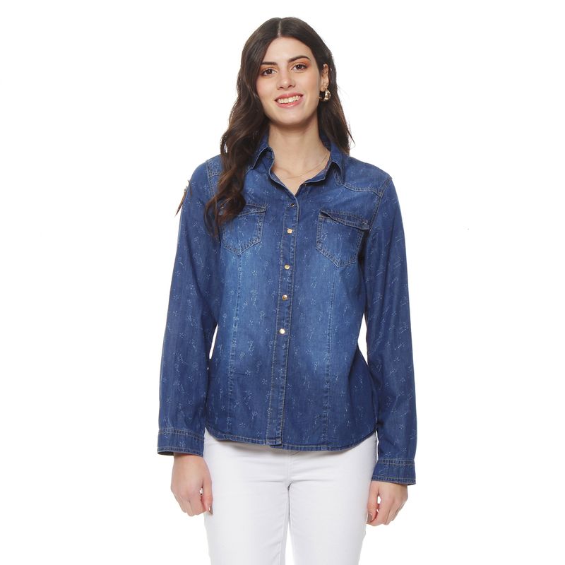WADOS - BLUSA DENIM CUELLO CAMISERO PRINT