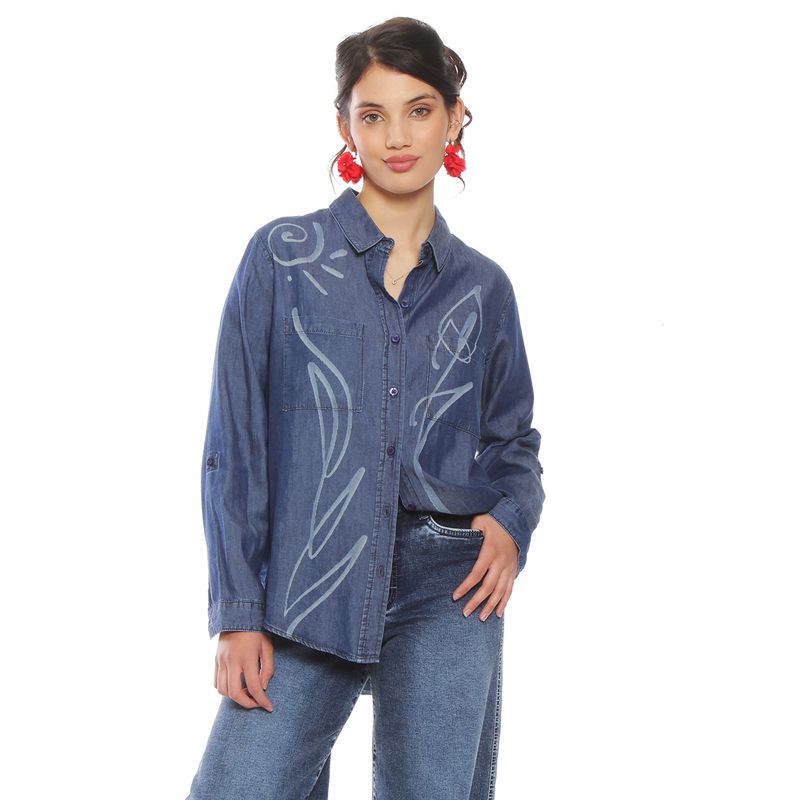 WADOS - BLUSA DENIM CUELLO CAMISERO FLOR LASER