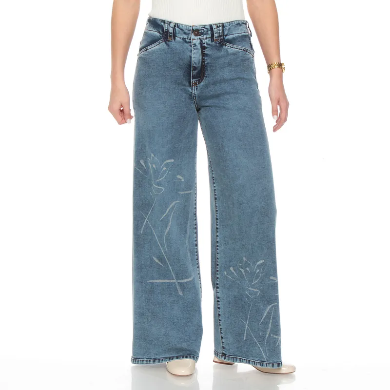 WADOS - JEANS WIDE LEG TIRO ALTO PRINT PRETINA 1 BOTON