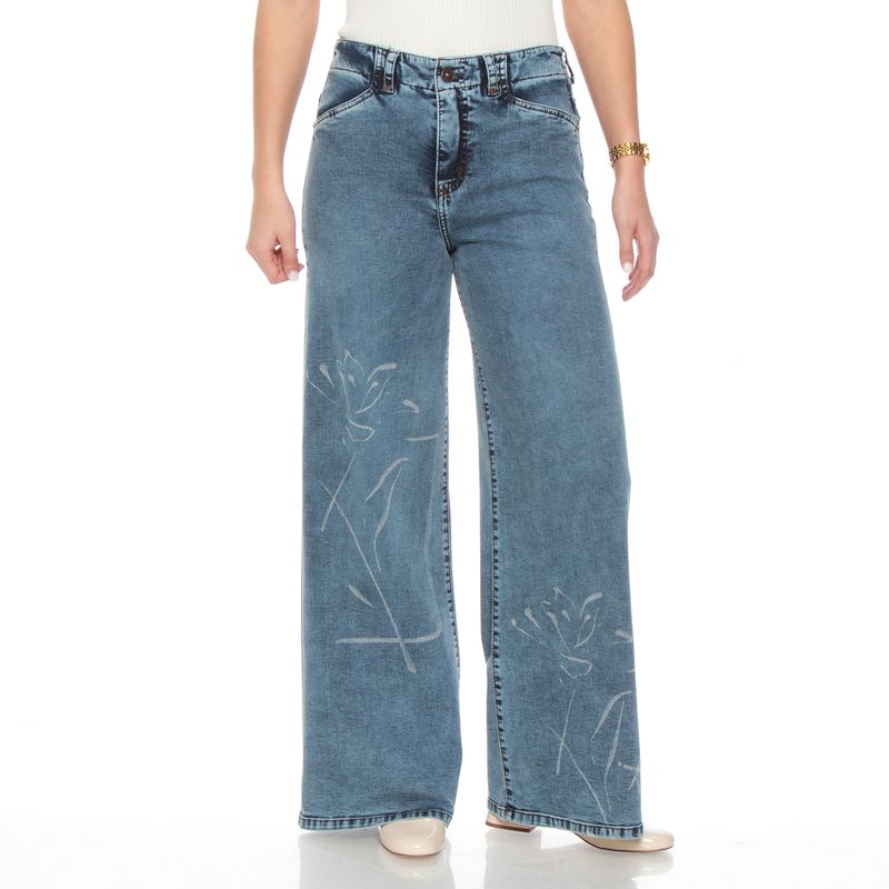 WADOS - JEANS WIDE LEG TIRO ALTO PRINT PRETINA 1 BOTON