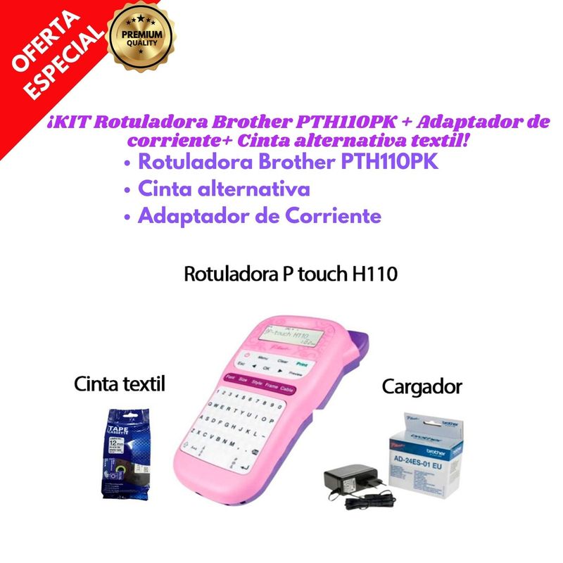 BROTHER - Rotuladora PTH110PK + Cargador + Cinta alternativa textil