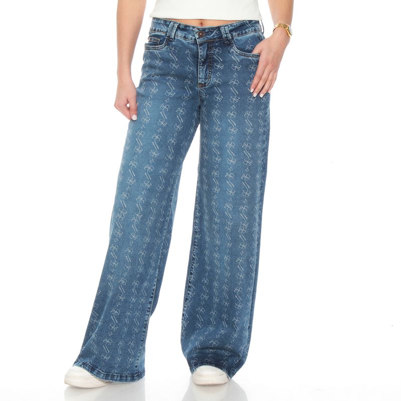 WADOS - JEANS WIDE LEG TIRO ALTO FULL PRINT PRETINA 1 BOTON