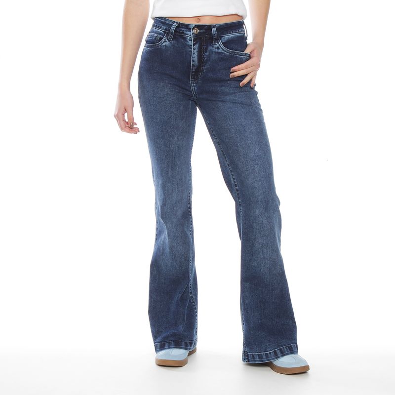 WADOS - JEANS FLARE TIRO ALTO PUSH UP BORDADO PRETINA BASICA 1 BOTON