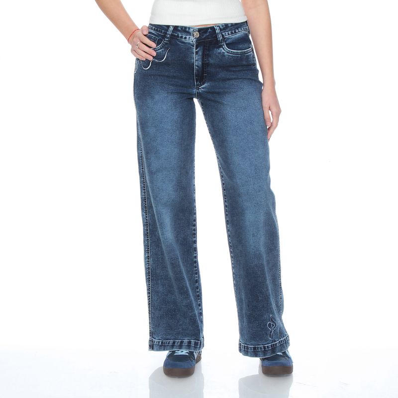 WADOS - JEANS WIDE LEG TIRO ALTO BORDADO PRETINA 1 BASICA BOTON