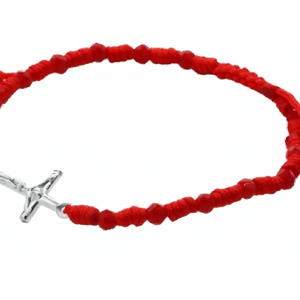 GENERICO - Pulsera Cruz Cristo Plata Hilo Rojo Con Cristales Rojos