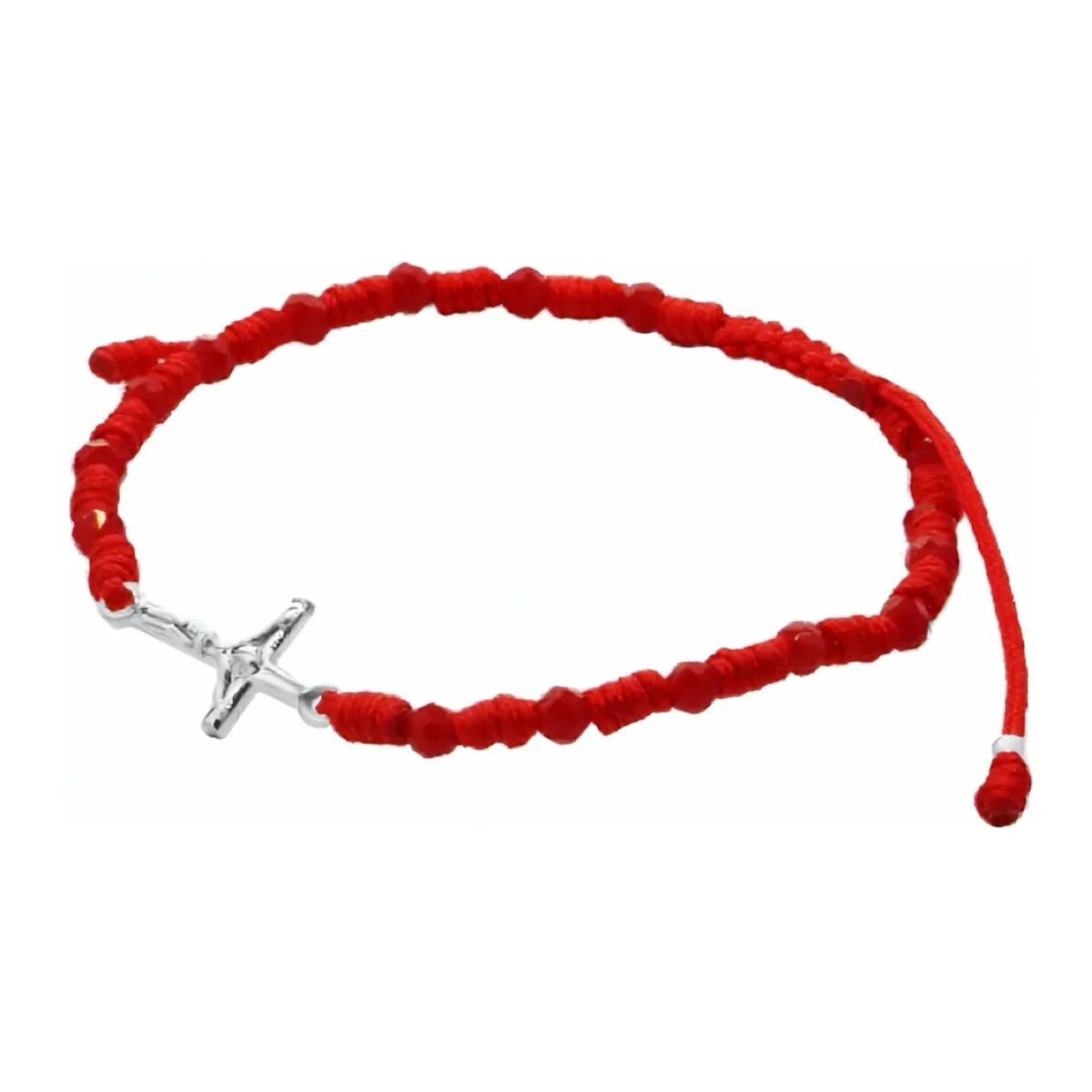 GENERICO - Pulsera Cruz Cristo Plata Hilo Rojo Con Cristales Rojos