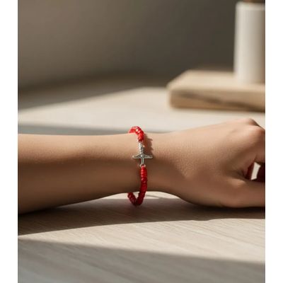 Imagen 2 del producto Pulsera Cruz Cristo Plata Hilo Rojo Con Cristales Rojos