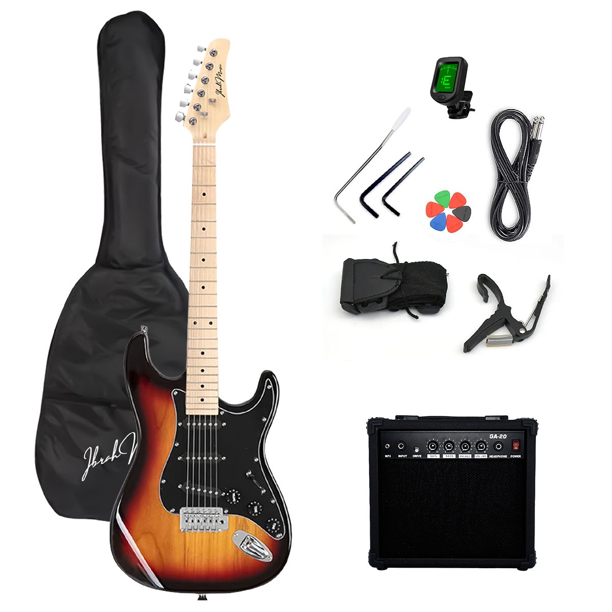 IBRAH - Guitarra Eléctrica Strato Ibrah + Amplif + Accesorios Cafe