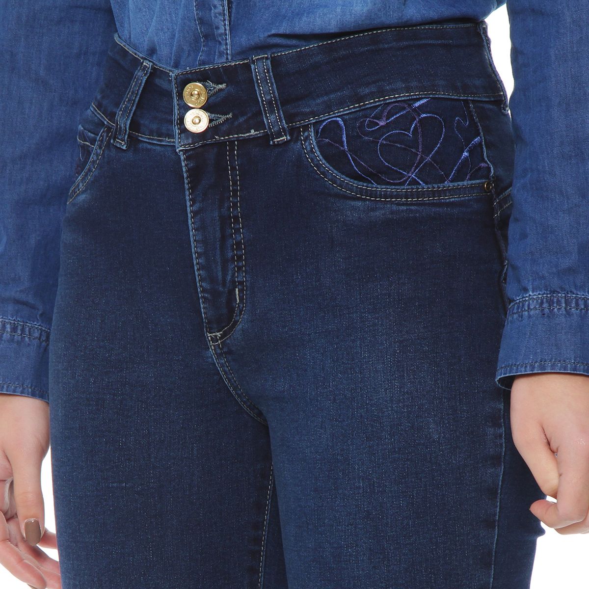 WADOS - JEANS RECTO TIRO ALTO PRETINA MEDIA APLICACION BORDADO